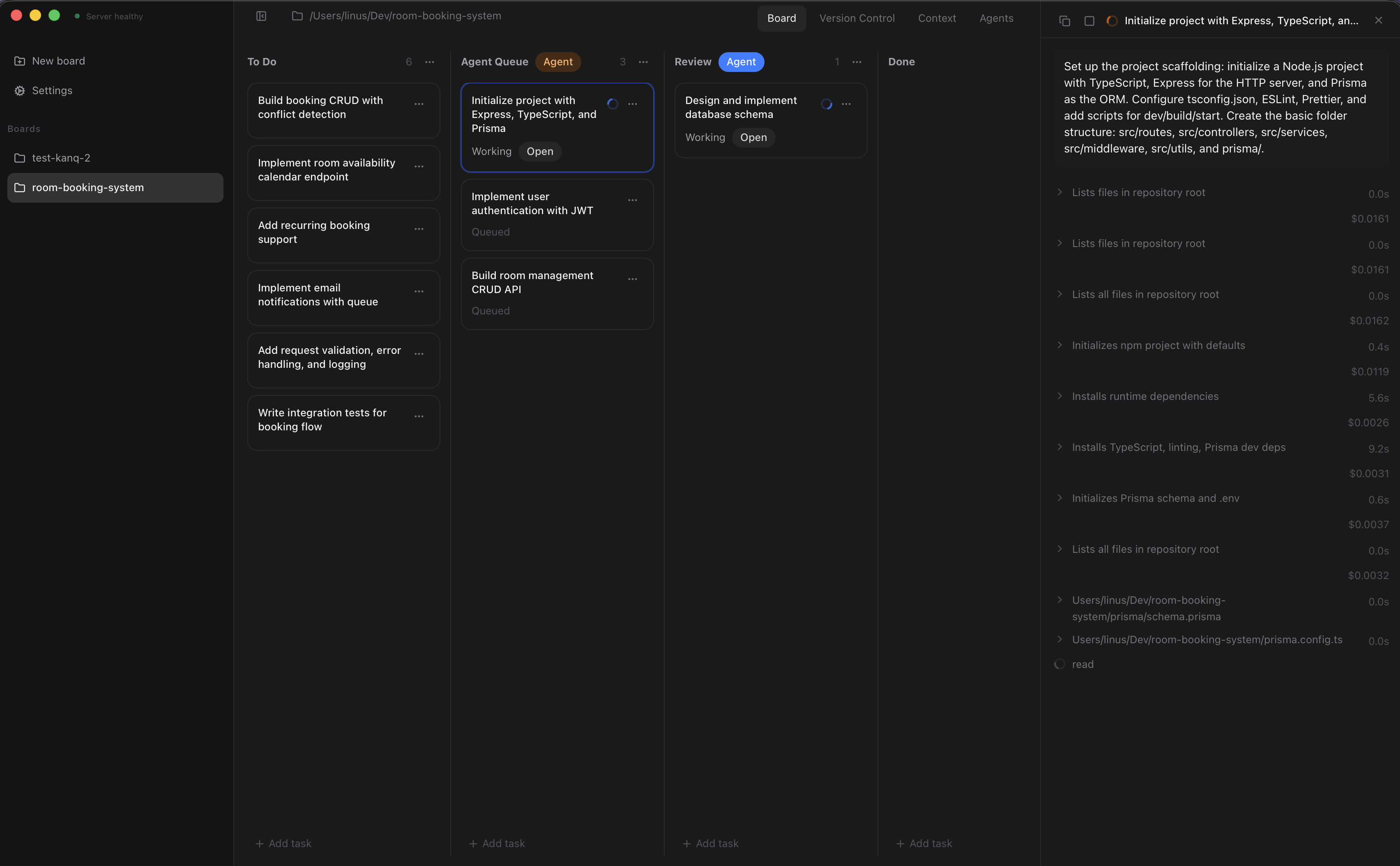 kanq board view showing tasks across To do, Planning, Building, and Done columns